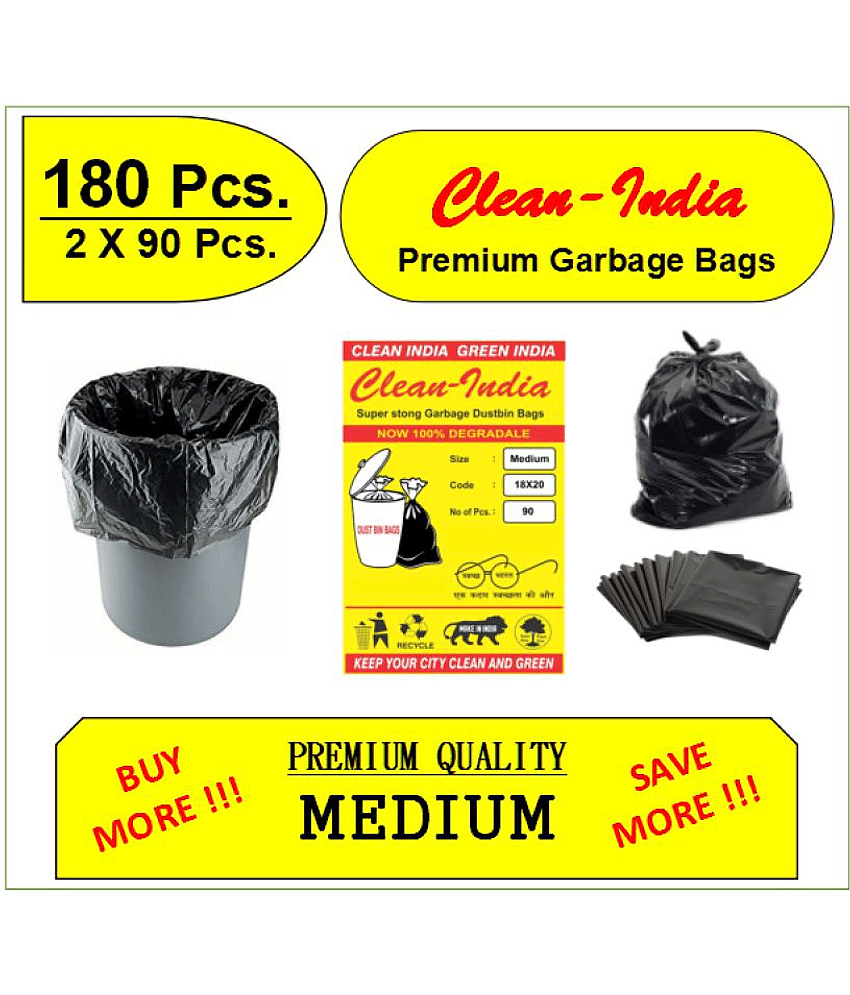 Clean India 180pcs Medium Garbage Bags - 6 Packs of 30 pcs - 180 pcs - 19X21 Black Medium Disposable Garbage Trash Waste Dustbin Kitchen Bag