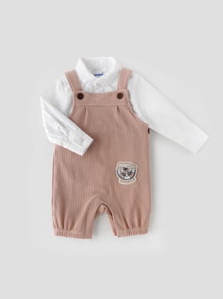 Stylish & Adorable Rib Dungaree With Full Sleeve Shirt Set for Boys-12-18 M