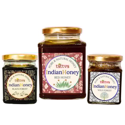 IndianHoney Red Honey Wild Forest Black Forest Forest Honey Triple Combo Pack (500gm + 2x230gm)