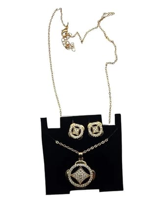 Elegant Gold Plated Necklace Set for Women with Matching Earrings | American Diamond Studded Pendant Jewellery Set | Traditional Stylish Chain Necklace for Wedding, Festive & Daily Use.,,