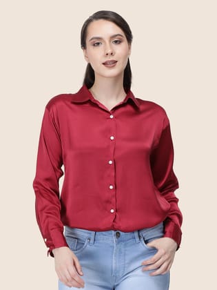 Maroon Regular Fit Summer Satin Shirt-M