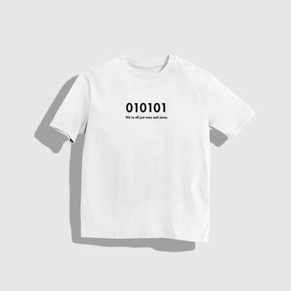 010101 T-Shirt - Round Neck Drop Shoulder Graphic Printed Oversized Cotton T-shirt-S / White
