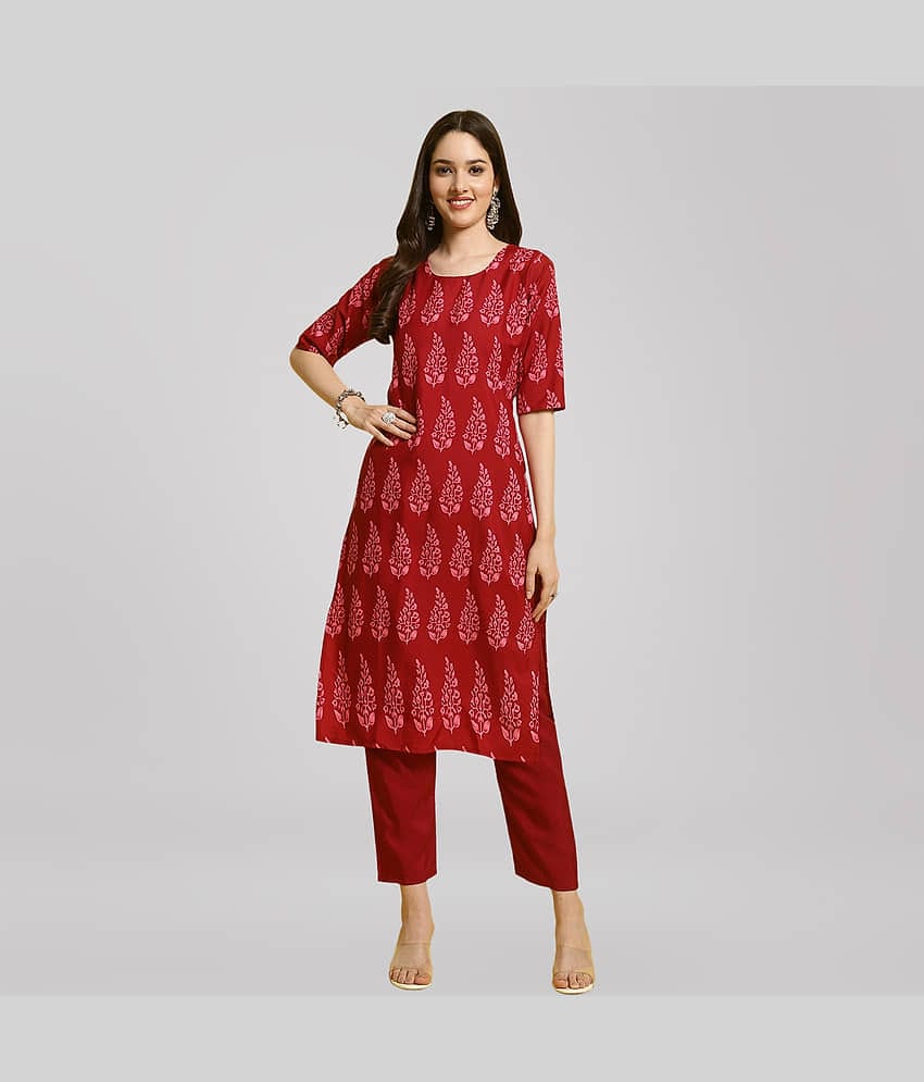 Ethnic Basket Crepe Printed Kurti With Pants Women's Stitched Salwar Suit - Red ( Pack of 1 )