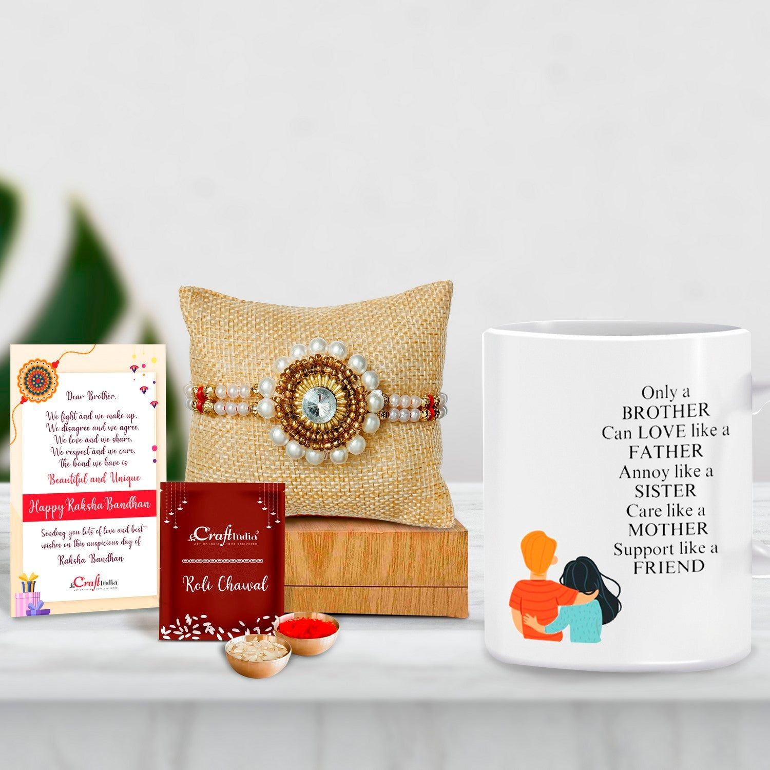Designer Handcrafted Stone Pearl Rakhi with Mug for Brother and Roli Chawal Pack, Best Wishes Greeting Card