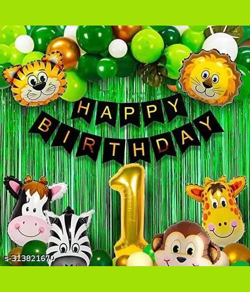 KR 1st Happy Birthday Balloons Decoration Set - (53 Pcs) Birthday 13 Letter Foil + 2 Pcs Fringe Foil Curtain + 6 Pcs Set of Jungle Theme & Balloon Arch with 30 Pcs HD. balloon , 1 no. Gold foil