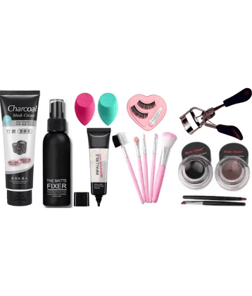 swenky makeup fixer primer eyeliner eyelash curler beuaty blender puf & makeup brush (Pack of 9)