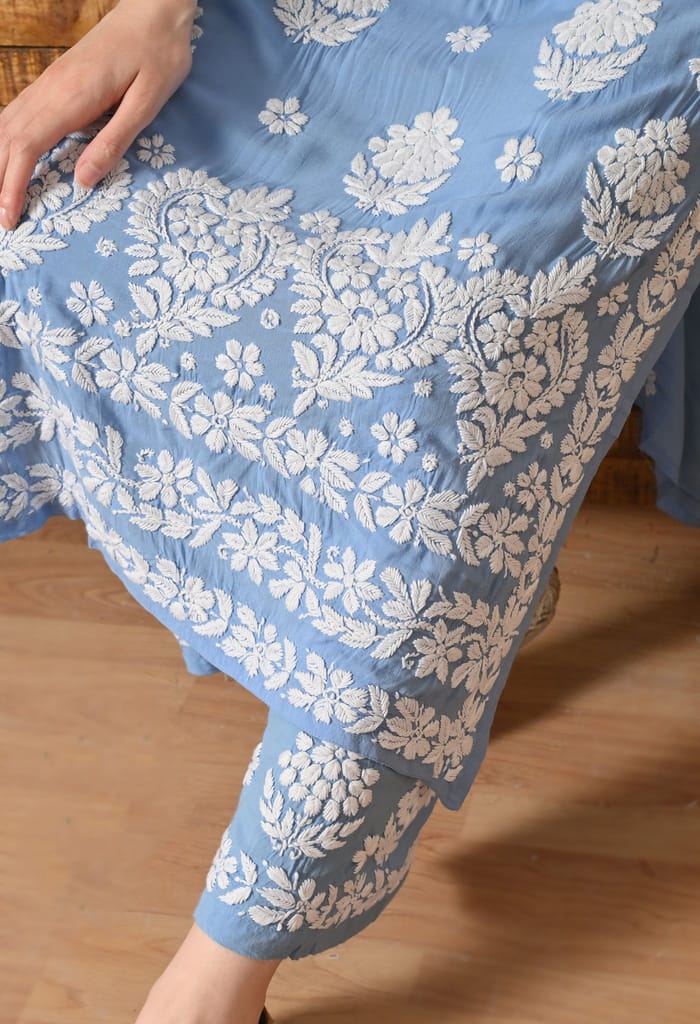 Hand Embroidered Chikankari Modal Plazo Set with 3D Work – Ethnic Wear Powder Blue