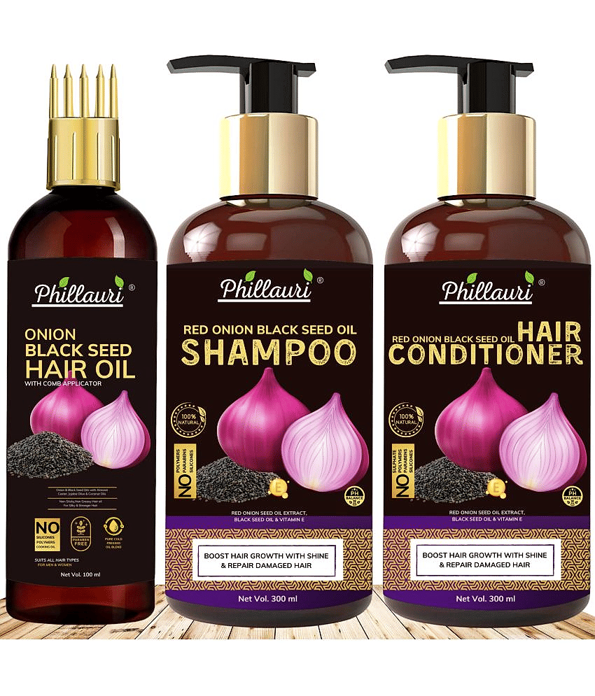 Phillauri Red Onion Black Seed Oil Ultimate Hair Care Kit for Hair Fall Control(Shampoo (300 ML) + Hair Conditioner ( 300 ML)  + Hair Oil ( 100 ML) )