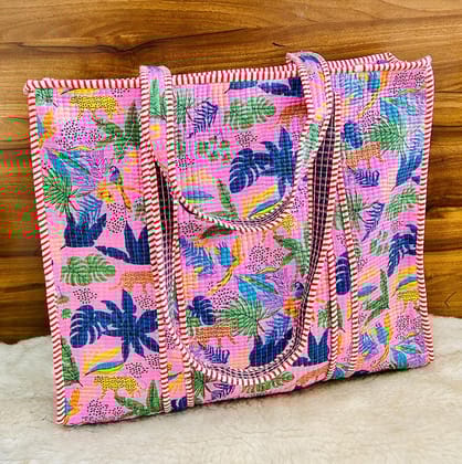 Handblock Printed Quilted Tote Bag with concealed zip ( 17x18x 6 inches)