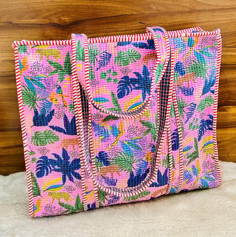 Handblock Printed Quilted Tote Bag with concealed zip ( 17x18x 6 inches)