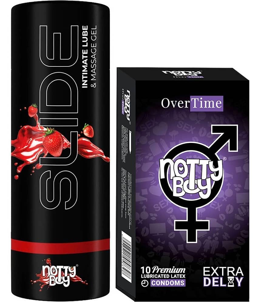 NottyBoy Slide Strawberry Flavoured Lubricant 100ML and Extra Delay Condoms - Pack of 2