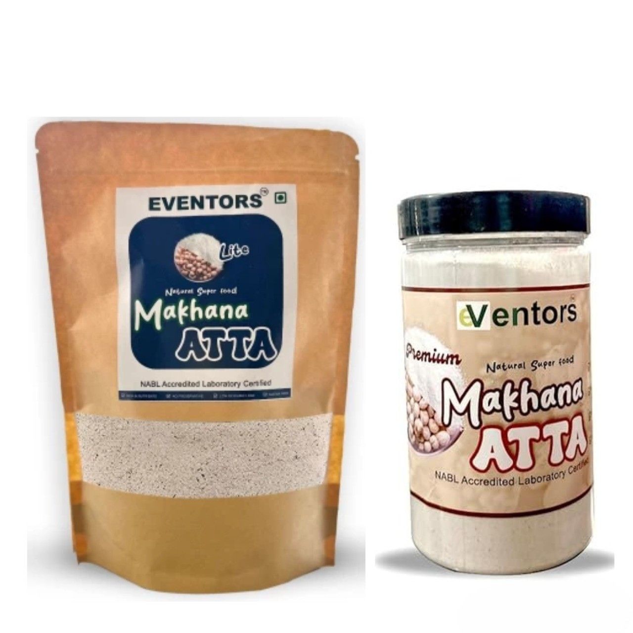 EVENTORS Makhana Atta Flour Combo: 400g Pouch & 200g Jar, Pure Grounded Makhana Powder (Pack of 2)