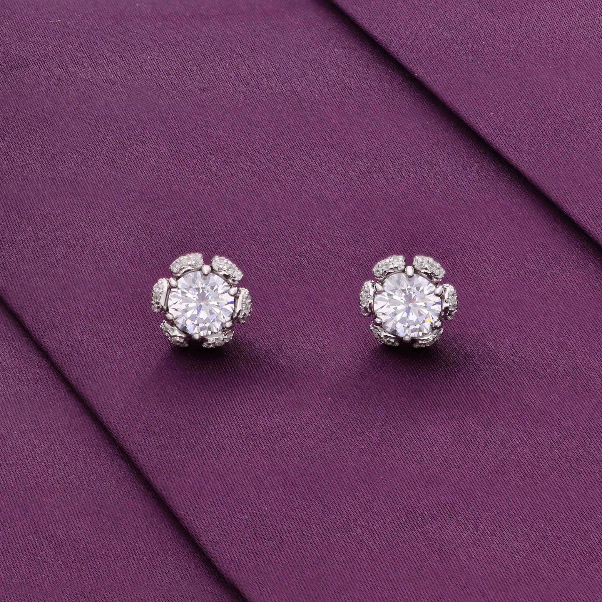 Dazzling Diamond Studded Floral Silver Earrings-White Stone / Silver