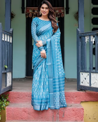 Turquoise Pure Cotton Linen Saree with White Floral Design, Blouse, and Tassel Edges-Regular