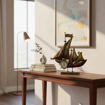 Handicraft Showpiece Analog-Clock for Home/Office,Metallic Sea-Ship Analog-Clock,Table Decor Analog-Clock