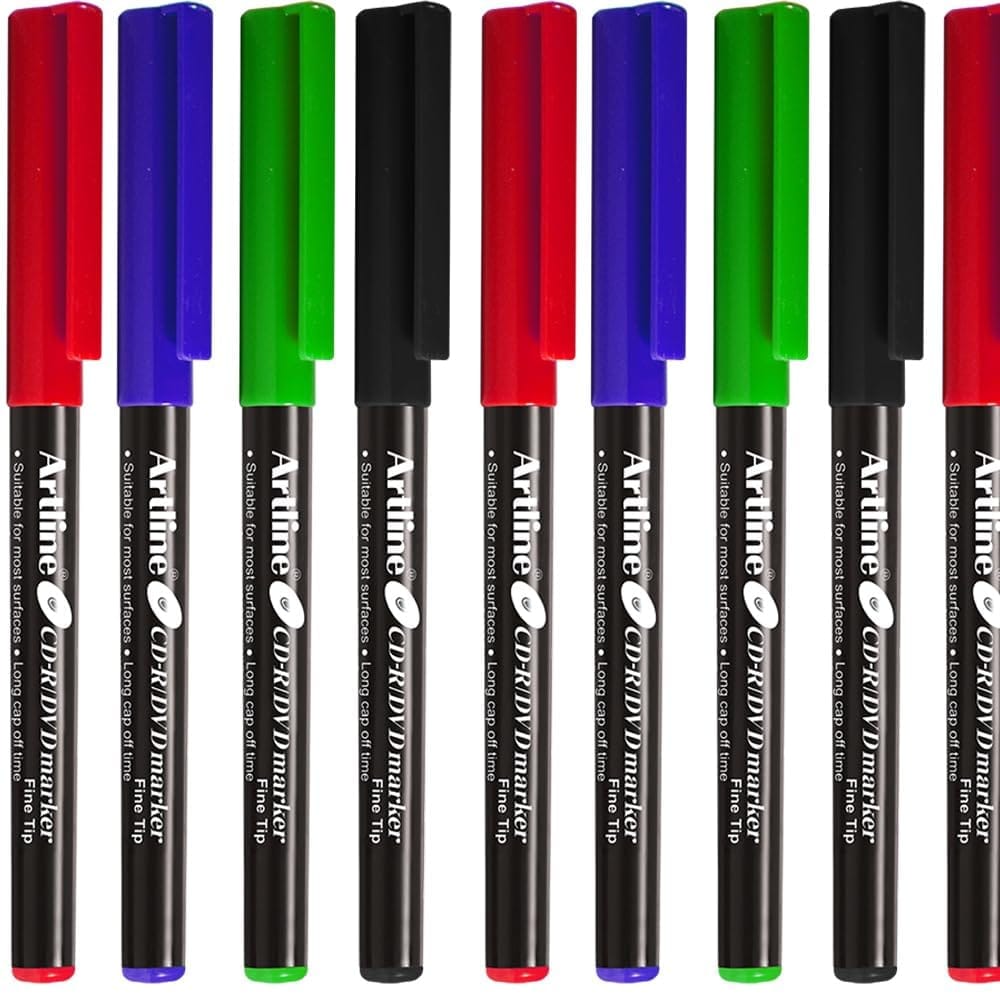 Artline CD/DVD Markers Black Pack of 10 X 2 Packs, Blue, Red, Green Pack of 10 X 1 Packs Each | Metal, Plastic/OHP, Glass/Porcelain & Carton