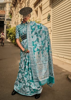 Sea Green Woven Lucknowi Organza Silk Saree