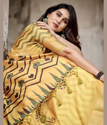 Almaari Fashion Cotton Silk Printed Saree With Unstitched Blouse Piece ( Yellow )