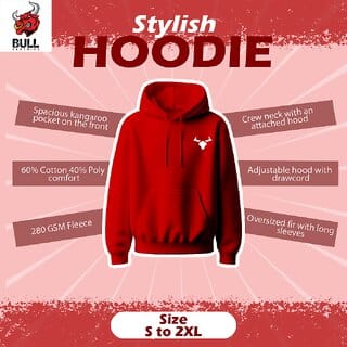 Bull Clothing Mens Side Logo Plain Oversized Cotton Red Hoodie  Premium Comfort  Streetwear Style (XXL)