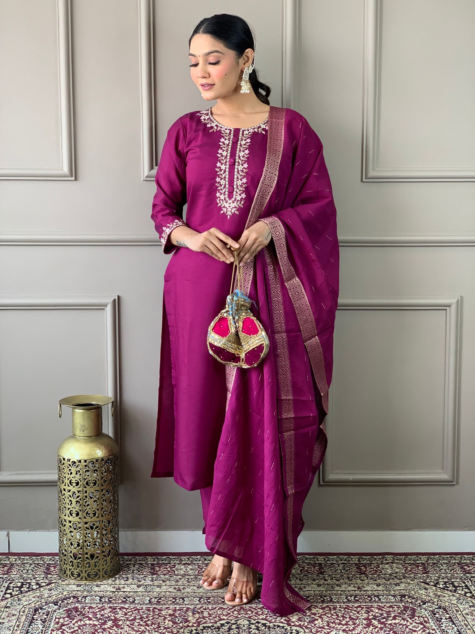 Floral Embroidered Straight Kurta With Trousers & Dupatta-S
