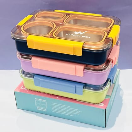 Double Color 4 Compartment Stainless Steel Lunch Box (900ml)-Yellow Navy Blue