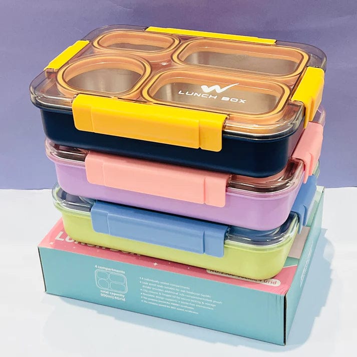 Double Color 4 Compartment Stainless Steel Lunch Box (900ml)-Yellow Navy Blue