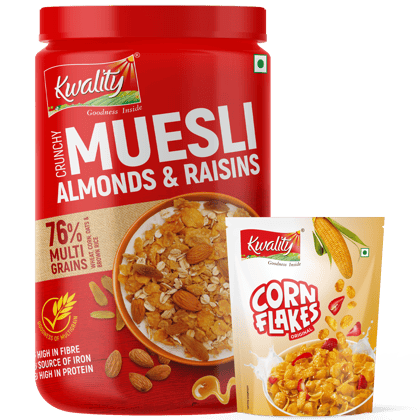 Kwality Muesli Crunchy Almond & Honey 1Kg Jar & Corn Flakes 160g Pouch