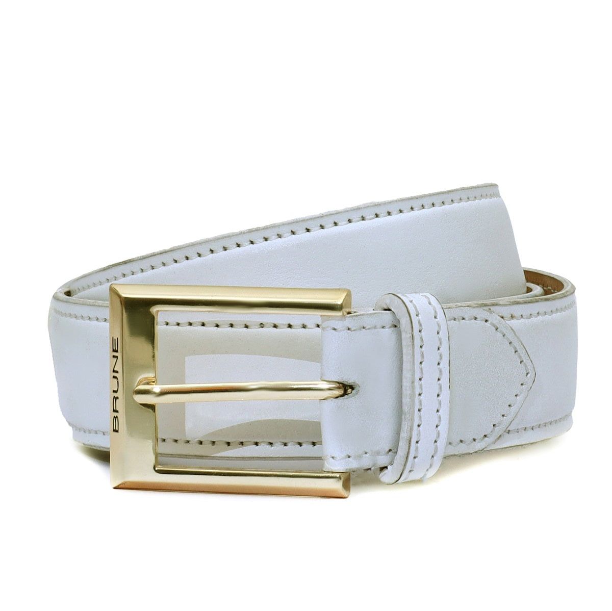 Men's White Hand Painted Leather formal Belt with Golden Square Buckle By Brune & Bareskin-32