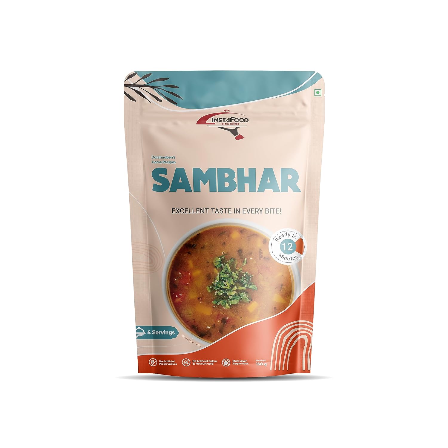 INSTAFOOD Sambhar | Ready to Eat & Cook Meal | 4 Servings | After Cooking Gets 750 gm to Serve | Zip Lock Packaging | Vegetarian Meal | Just Add Water and Cook, 150 gm