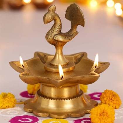 Brass Peacock Diya Jyoti Deepak Oil Lamp 7 Wicks  - Multiflame Oil Lamp for Puja & Lighting, Height : 3.5 Inch (BSMAS1173 A)