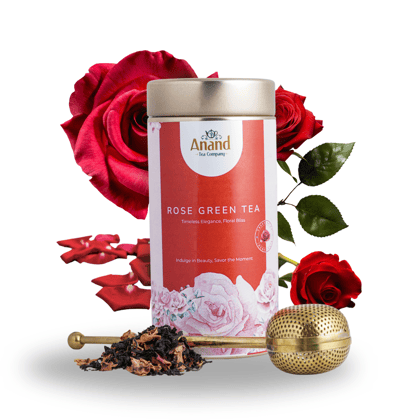 ANAND TEA - Herbal Rose Green Tea, Rose Tea Made with Real Dried Rose Petals & Whole Leaf Green Tea, Rose Oolong Tea, Gulab Tea, Natural Rose Petals Herbal Tea for Glowing Skin 50g with Brass Infuser