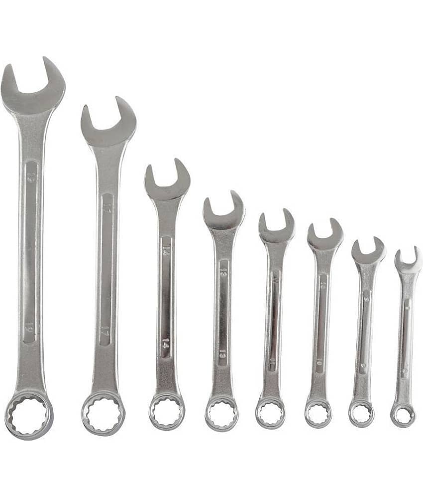 GLOBUS COMBINATION SPANNER SET/8 PCS, RAISED PANEL, MIRROR HEAD POLISH IN BLUE PVC WALLET.