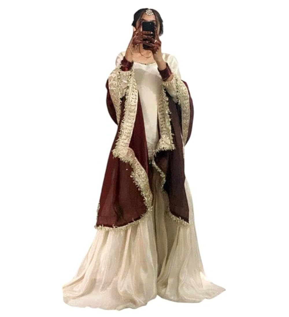 DARSHANS Women's Silk Embroidered 3/4th Sleeve V-Neck Kurti With Sharara Pant and Dupatta Set (Cream & Brown, L)-PID66481