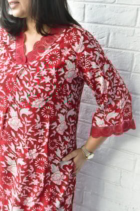 Red Bagiya Hand Block Handblock Cotton Kurta set