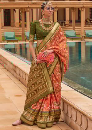 Coral Orange Printed Patola Silk Saree