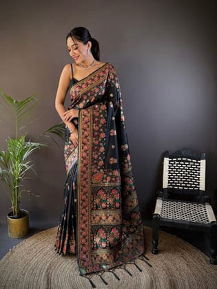 Black Silk Meena Weaving  Pashmina Work Kashmiri Saree