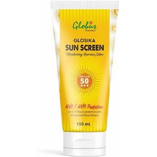 Globus Remedies Glosika Sunscreen Lotion, SPF 50 PA+++ Up to 12 hrs Protection with Almond & Rice Extract, Suitable For All Skin Types, 100 gm