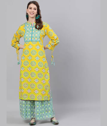 Antaran Cotton Printed Kurti With Palazzo Women's Stitched Salwar Suit - Yellow ( Pack of 1 )