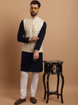 Sojanya Men's Cotton NavyBlue Kurta and White Pyjama With Cream Nehrujacket Set-38