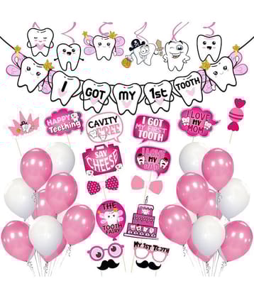 Zyozi I Got My First Tooth Photo Booth Props and I Got My First Tooth Banner With Balloons, Swirls/First Tooth Decoration Items for Baby/Rice Ceremony Decoration Kit(Pack of 48) (Pink)