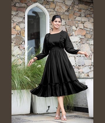 Femvy Women Rayon Solid Fit & Flare Dress ( Black )