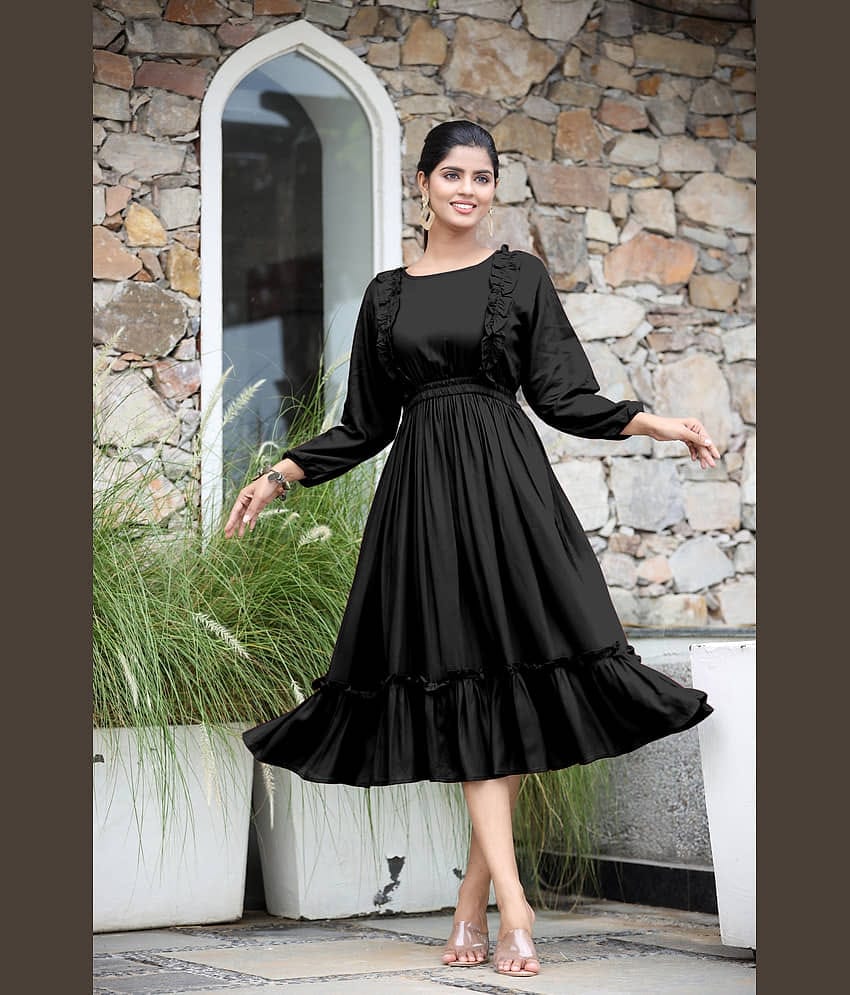 Femvy Women Rayon Solid Fit & Flare Dress ( Black )