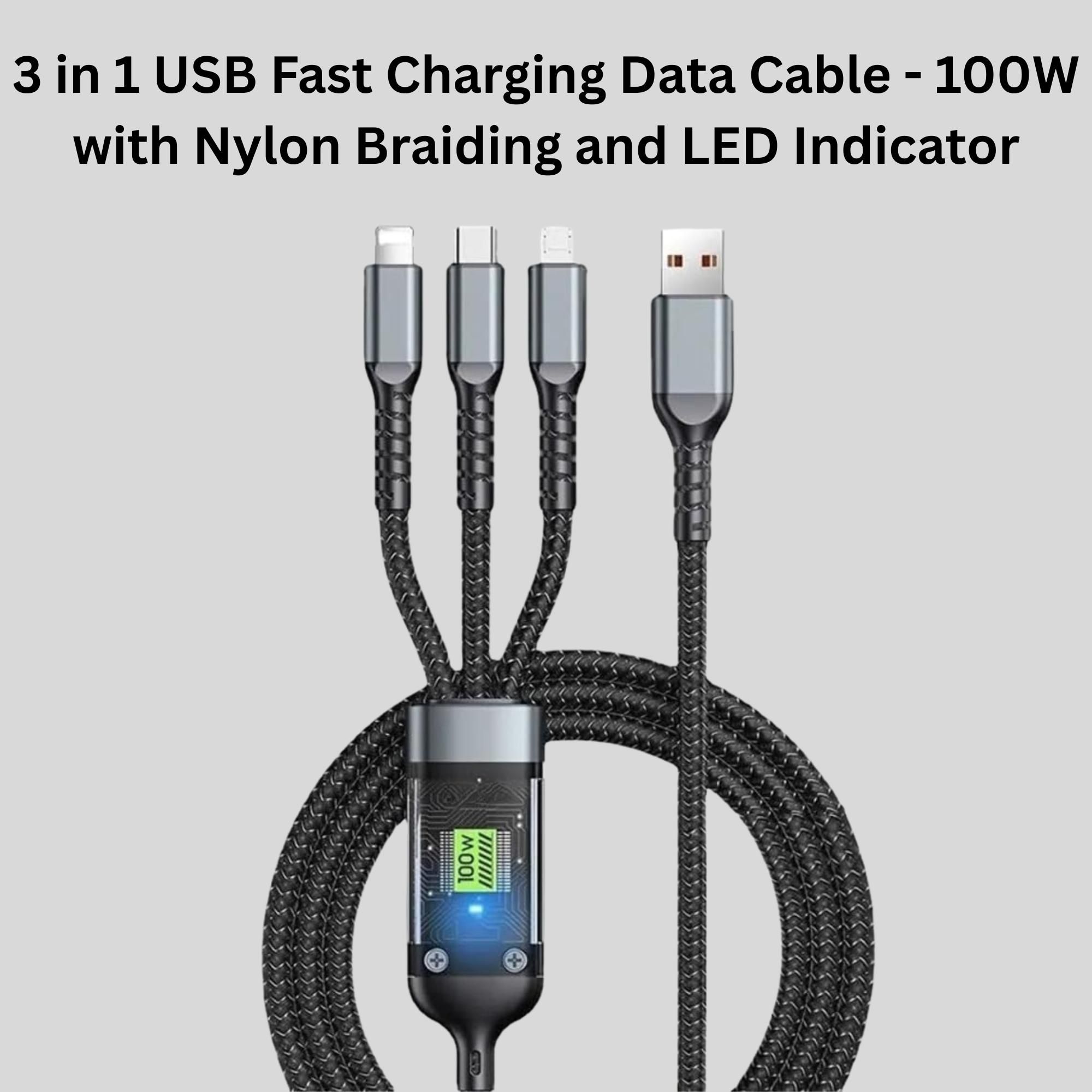 3-in-1 USB Fast Charging Data Cable 100W Transparent Luminous LED Nylon Braided Type-C, iPhone Lightning & mini USB Data Sync Cable for Android & iPhone Devices (480 Mbps Transfer) 1.2 meter