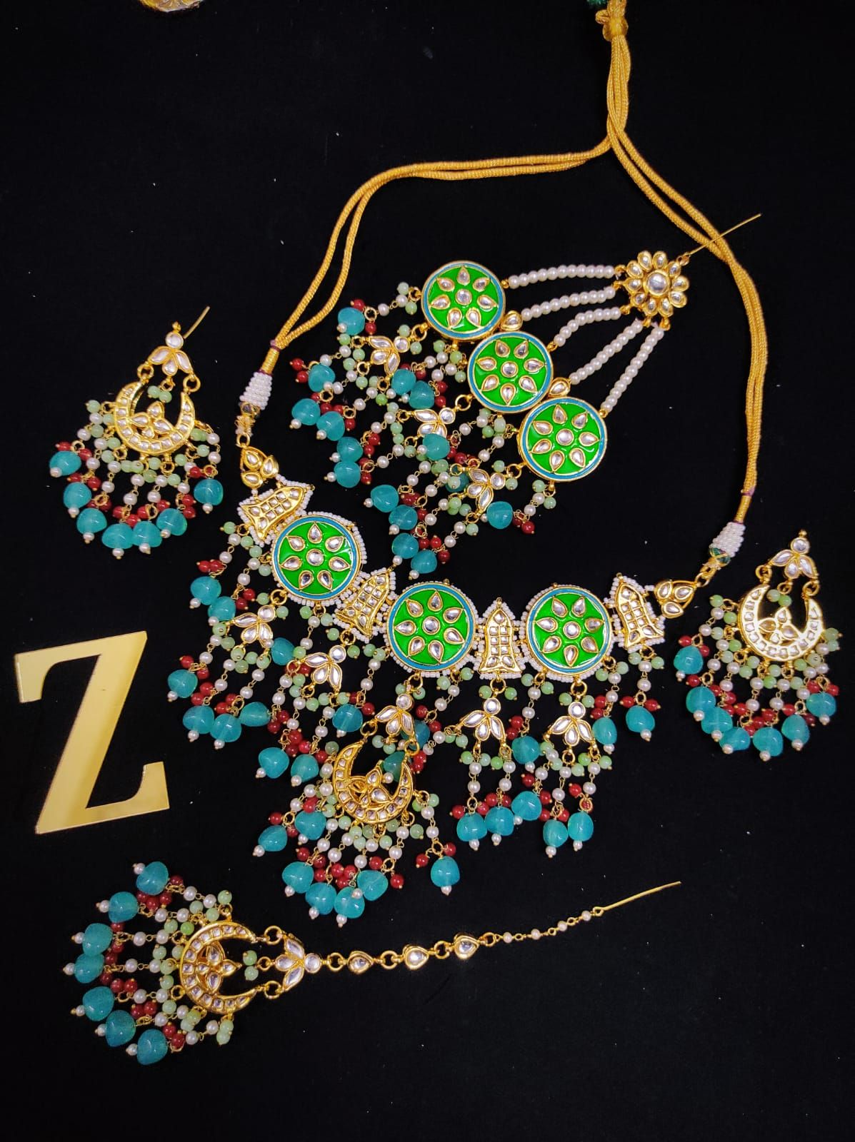 ZEVAR | Kundan Choker Necklace With Earrings, Maangtika & Pasha