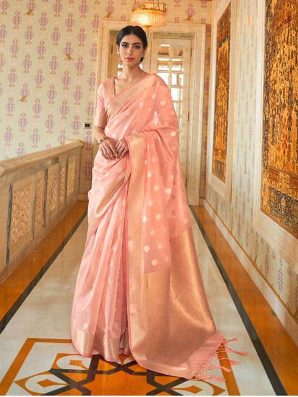 Kerala Cotton Silk Woven Saree- Peach