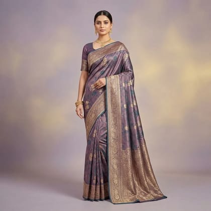 Purple Banarasi Satin Brocade Floral Motif Saree For Women