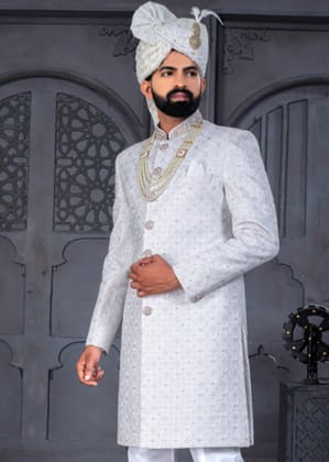 White and Cream Designer Sherwani for Groom-S