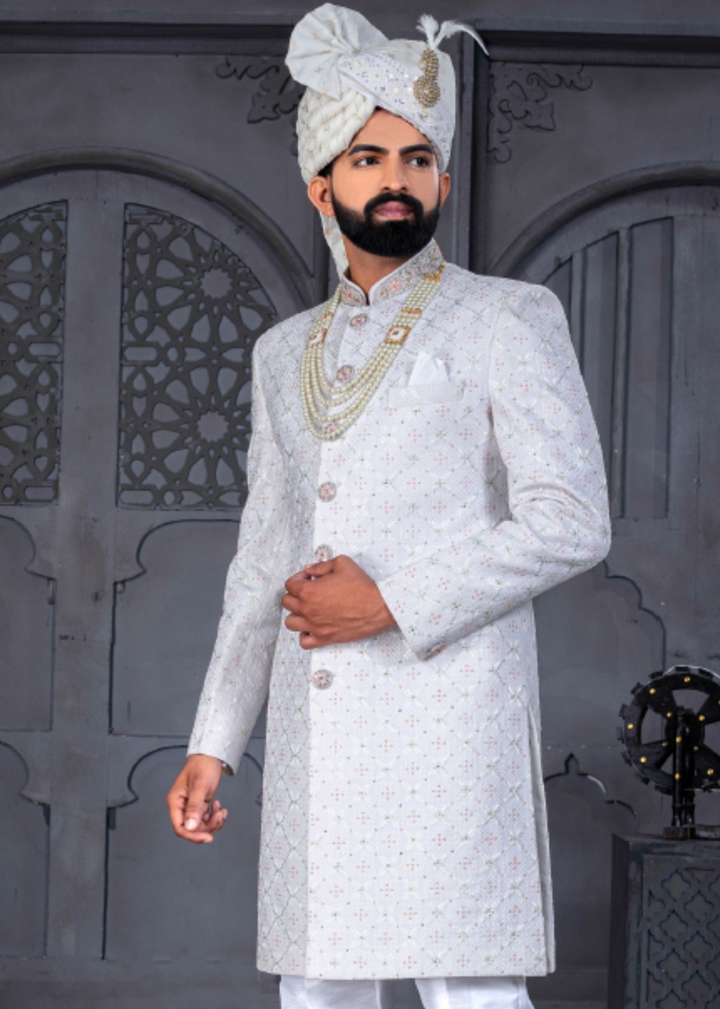 White and Cream Designer Sherwani for Groom-S