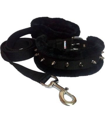 Petshop7 Nylon Fur Padded  Spike Dog Collar and Dog Leash  - Large  (Adjustable Neck Size  : 16-20inch)