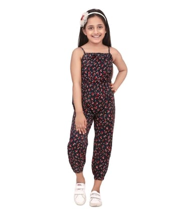 Girl's Rayon Floral Sleeveless Jumpsuit (Black-Red, 3-4-Yrs)-PID66086